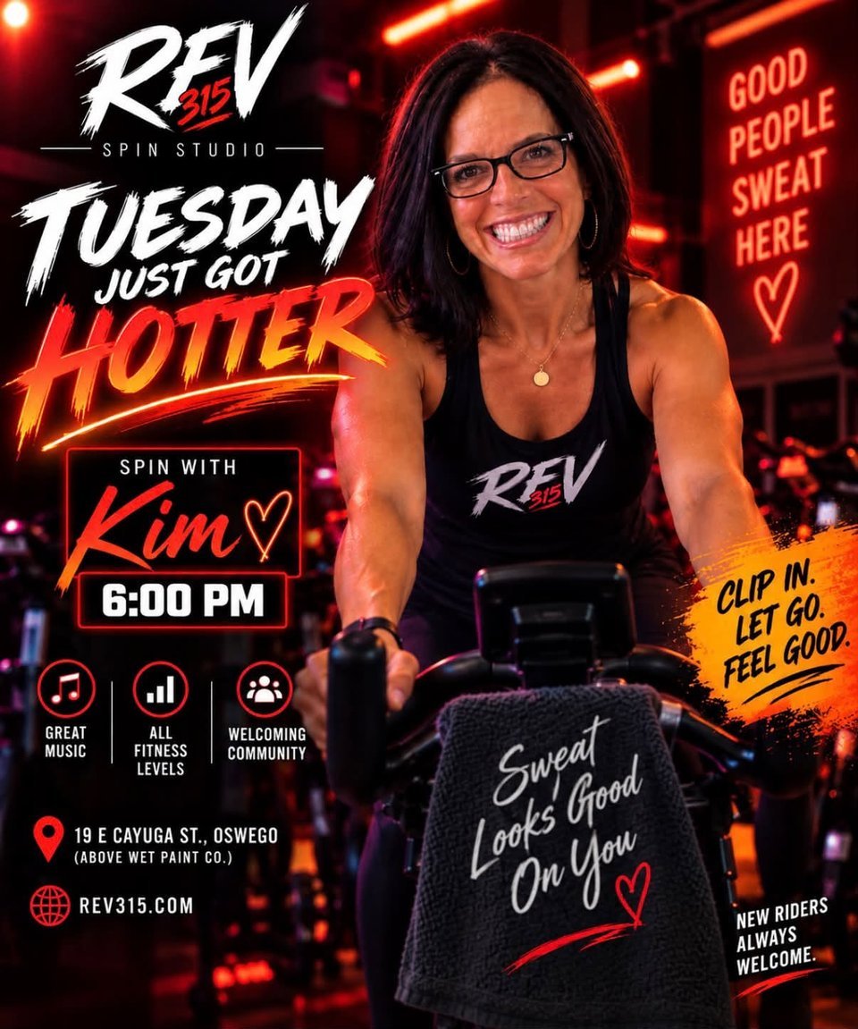 Tuesday Just Got Hotter flyer: Spin with Kim, Tuesday 6:00 PM