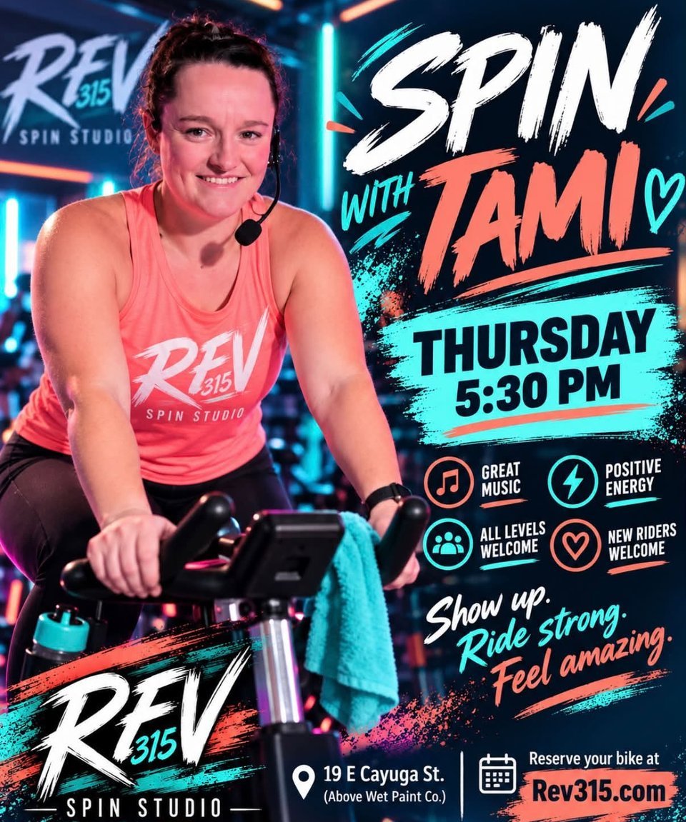 Spin with Tami flyer: Thursday 5:30 PM. Great music, positive energy, all levels and new riders welcome. Show up, ride strong, feel amazing.